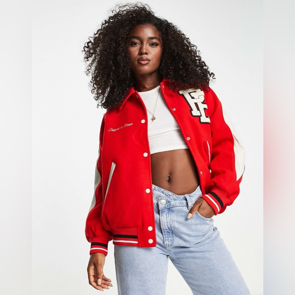 Pull&Bear varsity bomber jacket with collar and embroidery detail in red- New